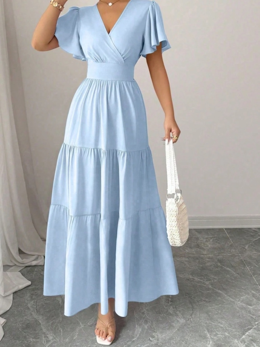 Classic V neck Solid Flounce Sleeve High Waisted Maxi Dress - Picture 6 of 13